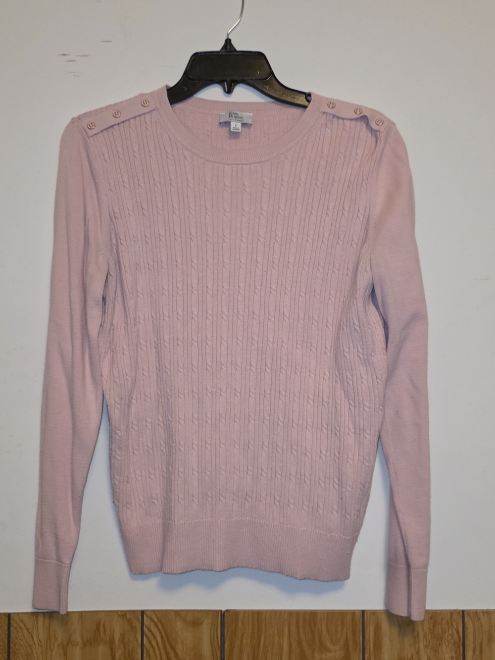 Kim Rogers Light Pink Cable Knit Crewneck Sweater with Shoulder Buttons